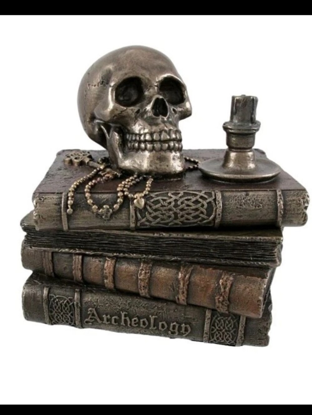 Gothic Bronze Wizard`s Study Books and Skull Trinket Stash Box